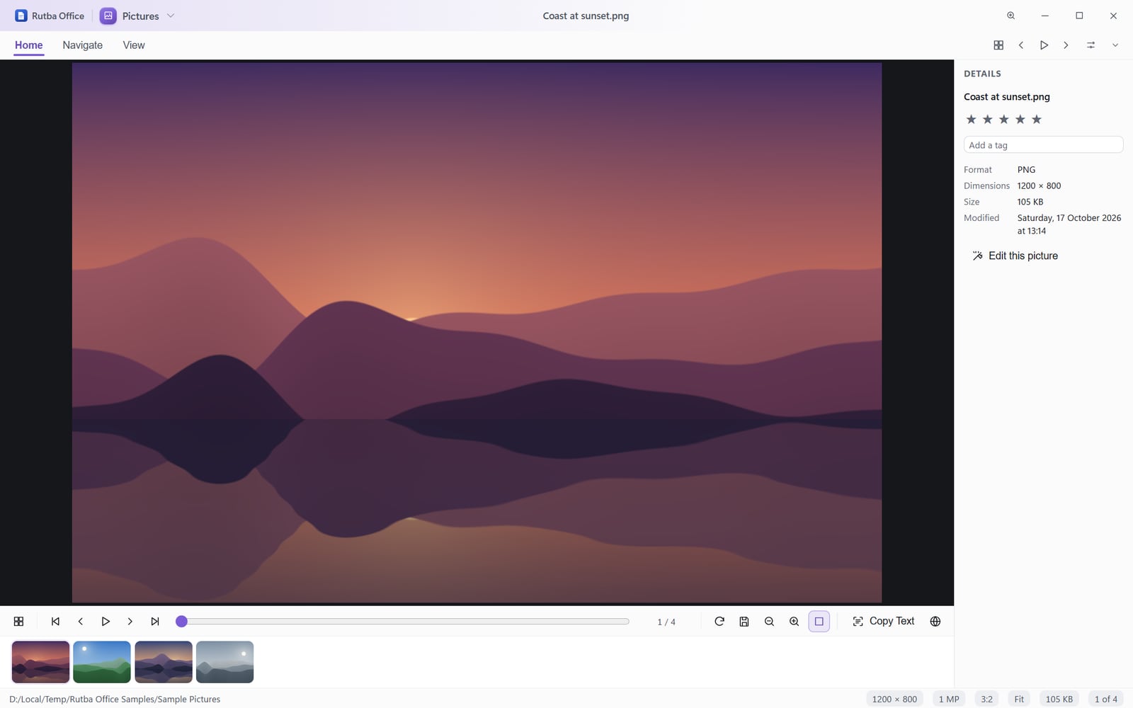 The Pictures app showing a picture of hills at sunset in the viewer, a strip of thumbnails along the bottom, Copy Text on the viewer’s bar, and a details panel with star ratings, tags, format, dimensions, size and date