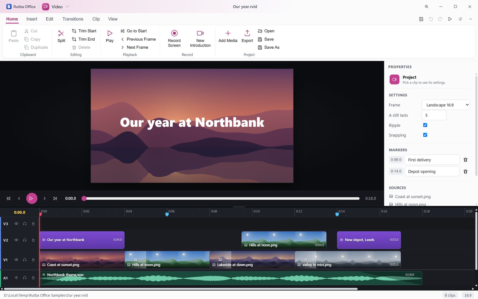 The Video app with a project open: the title Our year at Northbank over a sunset on the preview, a timeline of four pictures with fades between them, a title, a picture in picture and a callout on the track above, a music track with its waveform below, and a properties panel with two markers and the sources